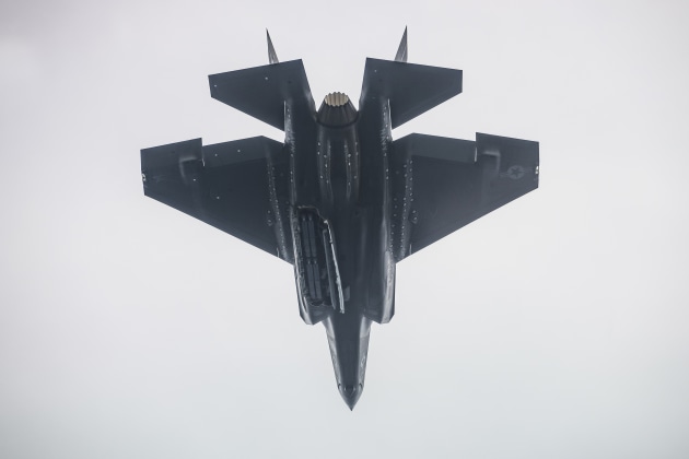 An F-35C Lightning II fighter aircraft flown by a test pilot US Marine Major, photographed from below during one of the initial airborne tests of the carrier variant jet with an inert GBU-53/B Small Diameter Bomb-II (SDB II) at Naval Air Station Patuxent River.

Credit: US Defense / Dane Wiedmann
