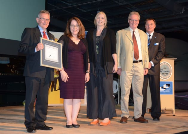 The family of Mac Job accepted his AAHOF induction certificate with AAHOF's Kerry Carmichael (left) and Geoff Breust (right). (John Egan)