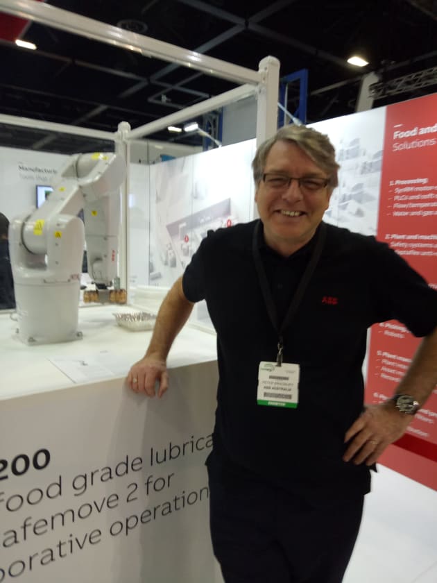 ABB took the wraps off its IRB 1200 at this year&rsquo;s FoodPro, a food-grade industrial robot features the new Safe Move 2 functionality.
Peter Bradbury, sales manager of Robot Packaging Solutions, said this meant food companies were no longer limited to using collaborative &lsquo;cobots' to ensure staff safety, and the related compromise in speed and capacity.
The Safe Move 2 functionality uses laser technology to detect the approach of humans, and it comes to a complete stop when an operator is close.