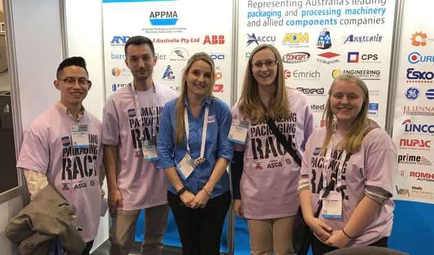 APPMA executive officer Nerida Kelton with students participating in the Amazing Race at Pack Expo Chicago in 2016.