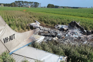 The burnt wreckage of C182 VH-AUT after the aircraft collided with the ground. (ATSB)