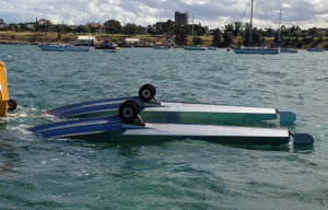 U206 floatplane VH-UBI inverted in Corio Bay. (ATSB)