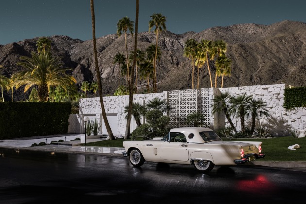 Abrigo Corner I. 1957 Thunderbird seen in front of a 1961 home. Photographed by moonlight as part of the series, Midnight Modern. Palm Springs, California. &copy; Tom Blanchford.