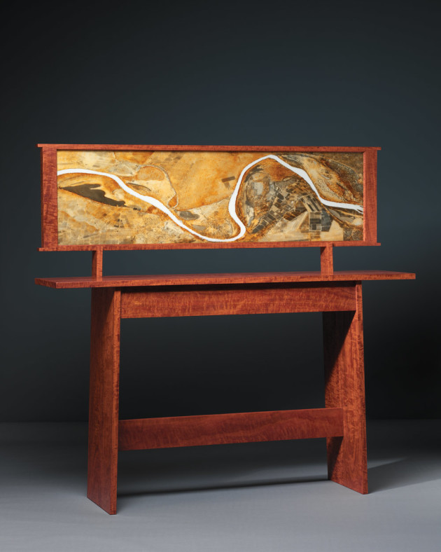 Adrian Potter, High Water Table, 2005, 1660 x 1745 x 435mm. River redgum, salt, aerial photo (courtesy of Department for Environment and Heritage), stained glass by Jan Aspinall. Photo: Grant Hancock