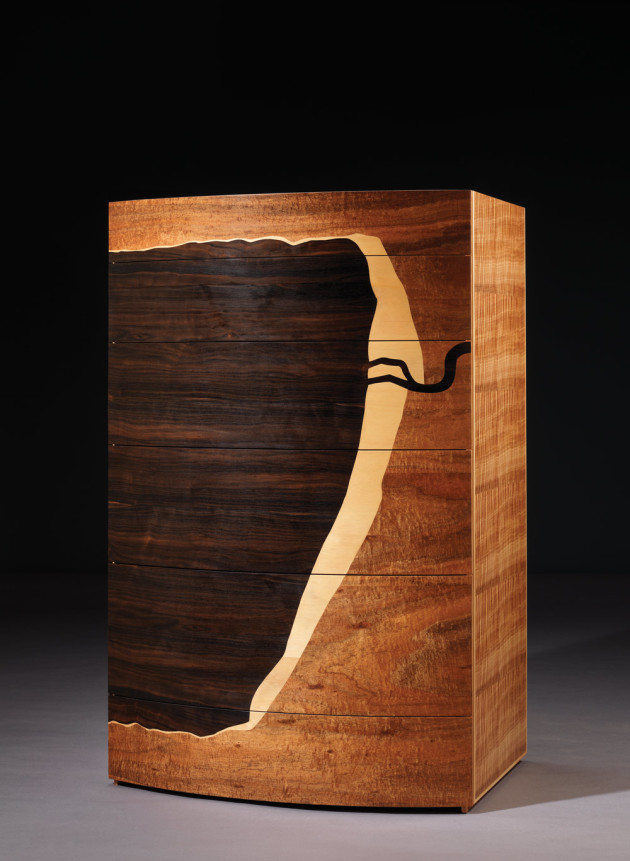Adrian Potter, Lake Pedder, 2007, 1080 x 700 x 515mm. Tasmanian oak, Huon pine, ebony, celery-top pine, blackwood, myrtle beech, leatherwood. Photo: Grant Hancock