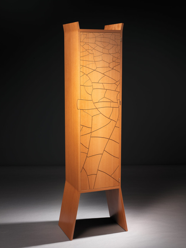 Adrian Potter, Parched Drinks Cabinet, 2005, 1760 x 375 x 350mm. European beech, flame mahogany, celery top pine, raw silk, granite. Photo: Grant Hancock