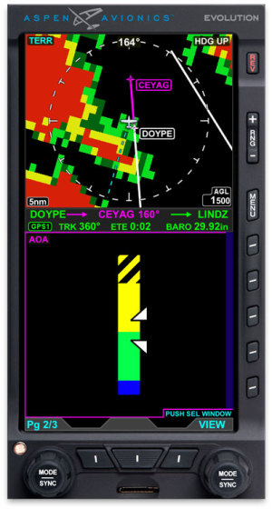 An Aspen multi function display (MFD) showing the angle-of-attack indicator in the lower screen. (Aspen)