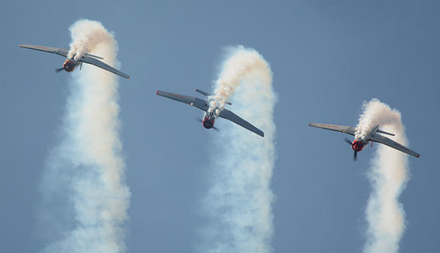 Formation aerobatics team the Russian Roolettes perform at Ausfly in 2015.