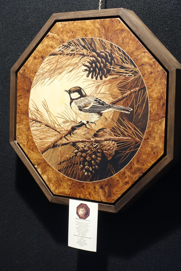 Framed marquetry artwork by Azadeh Zolfigol.
