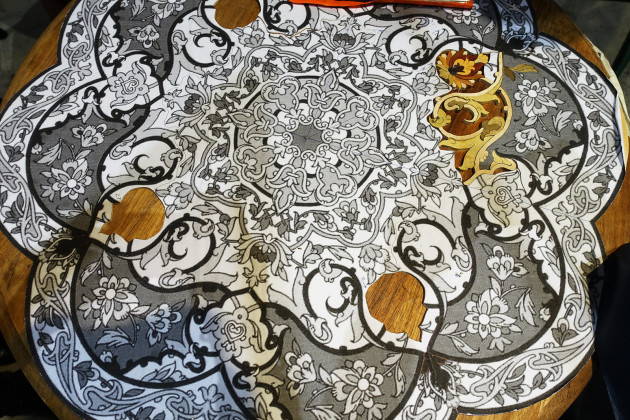 Showing the development of an intricate marquetry panel by Azadeh Zolfigol.