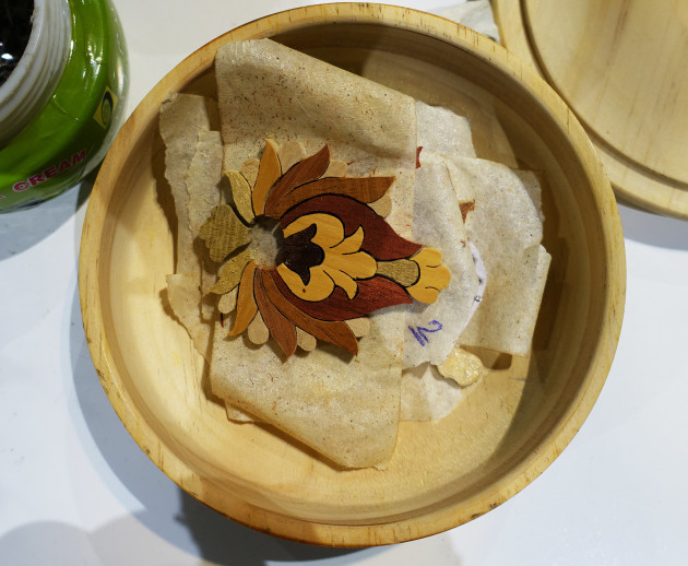 Segments are cut to form small motifs which are incorporated into intricate marquetry panels. These were cut by Azadeh Zolfigol.