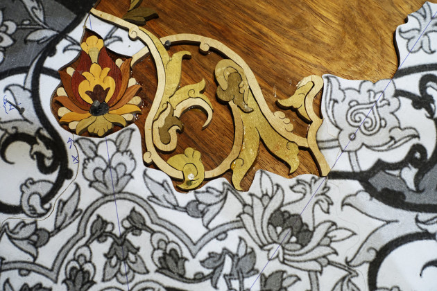 A closer look at an in progress intricate marquetry panel by Azadeh Zolfigol.