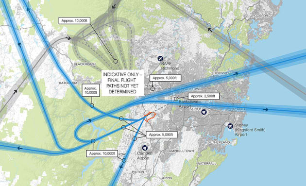 Draft of flight path proposals for Western Sydney Airport at Badgerys Creek. (Department of Infrastructure and Transport)