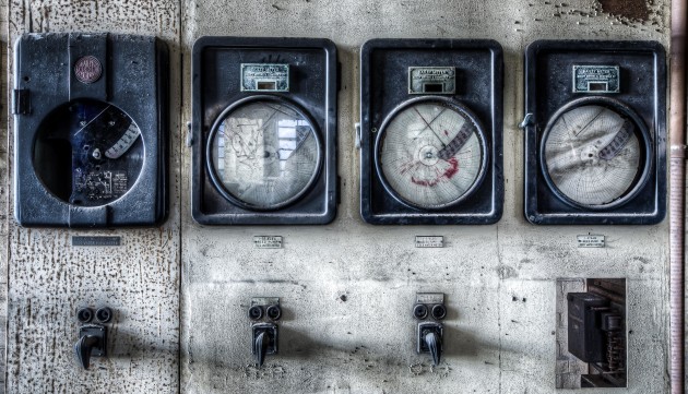 Bailey meter. My best educated guess is that these are Bailey Meters, still with the old spirographs. You can see where the red needle made its last recording of flow rate of a water pump and then never turned back on again in 1983. &copy; Brett Patman