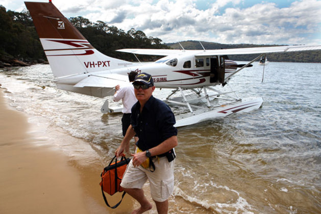 Beached on Dangar Island and looking for lunch! Paul wades ashore. (Murray Wood)