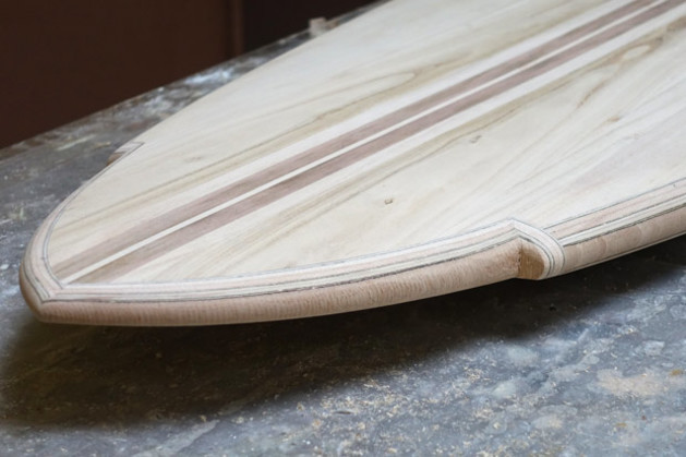 Detail of pawlonia handcrafted surfboard made at Bodhi Tree Surf.