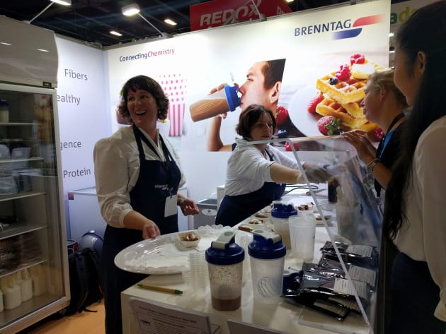 It was breakfast with Brenntag, as the supplier of tailor-made ingredients offerings was also highlighting the salt-reduced trend with sodium-reduced waffles with maple syrup. The waffle mix, featuring Kudos Blends potassium bicarbonate, swaps this in for sodium bicarbonate for a 68 per cent sodium reduction without compromising on quality or taste.  
To wash down the waffle, dairy protein shakes (20g per serve) with natural salted caramel and natural chocolate malt flavours were also on hand.