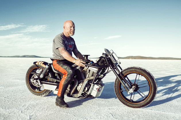 Portrait of Mick Hite on his heavily customised Harley Davidson. &copy; Brook Ready.