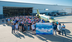 The first CJ3+ off the production line with the Cessna team that built it. (Textron Aviation)