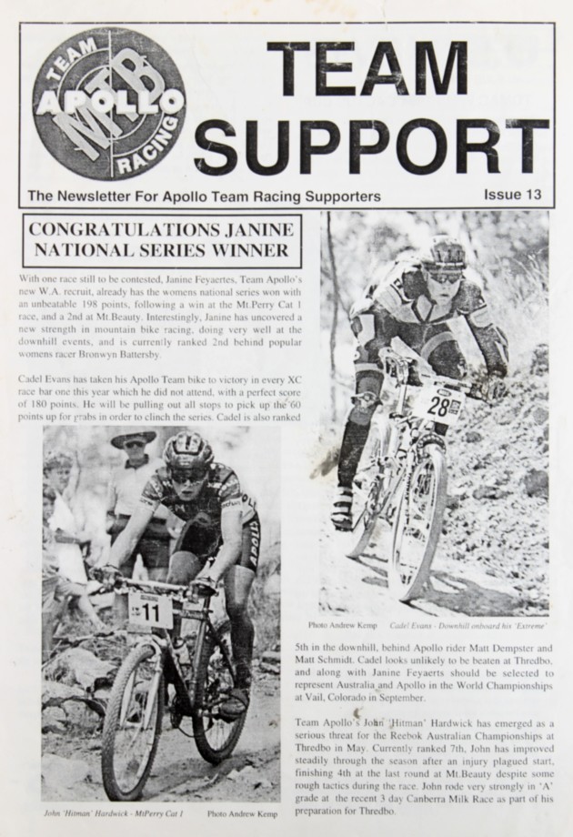 Cadel kitted out in body armour racing downhill, from back in the days when you used to ride every event, and do it all on the same bike. This was from a 1993 Apollo Team newsletter and aside from winning the junior national XC series, he also placed 5th in the national DH series.
Dunno who that other bloke with the big guns is though!