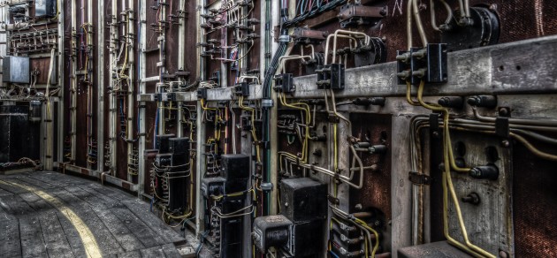 Control room wiring. Wires from the control desk to the measurement instruments behind it. With a handy walkway going all the way around. It's like artwork. &copy; Brett Patman