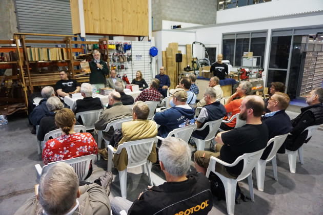 Morris Lake led the author presentations at Wood Review's writers' event on June 4, 2016.