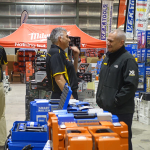 Before the crowds, Wayne Goodfellow (left) and Ed Jobson from SBD&ndash;DEWALT, on the VEK stand.