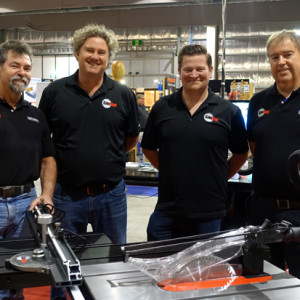 SawStop sales force for Carbatec, l&ndash;r: Dave Stanton, John Madden, Toby Pond (USA), Grant Oxenbridge (NZ).