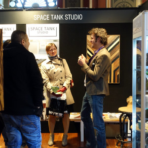 Holger Dielenberg, Space Tank Studio founder, speaking to visitors about his makerspace in North Coburg, Vic at Furnitex connect in Melbourne, July 2015.