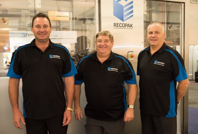 From left: Dave Hyde, Terry Dopper, and Bill Dopper have enjoyed a successful Auspack, with high interest in the fully automatic case over product packer.