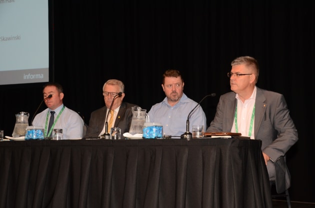 (L-R) COL Matt Galton, director CFI Branch, Alan Rankins, National President AIDN, Liam Hale, assoc. director construction services AECOM, RADM Mark Purcell (Retd) Defence Advisory Board NT Government. Credit: ADM David Jones
