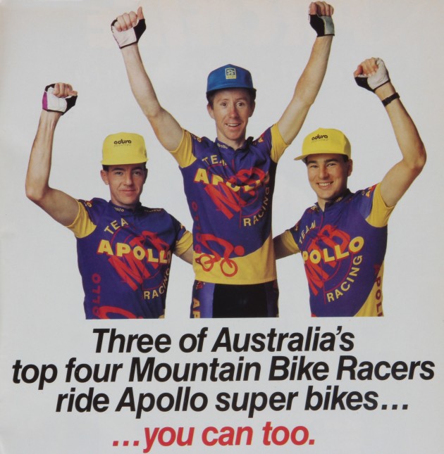 Apollo was really big on the Aussie MTB scene in the 90's, and the colour of choice for their team kit - purple of course.
From L - R: Simon Jamison, Damian Grundy and Mick Jamison.