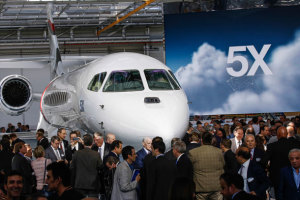 Dassault's first Falcon 5X is introduced to the world at a roll-out ceremony at the company's plant in Bordeaux-Merginac, France. (Dassault)