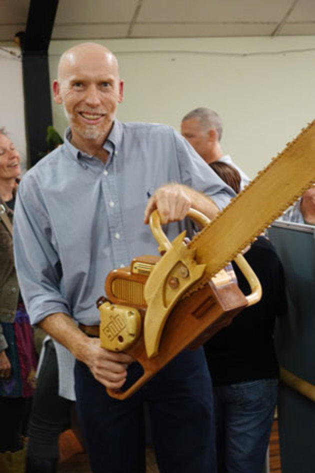 David Harriman, Noise and Dust. &lsquo;Chainsaws &ndash; great machines for cutting "against the grain". This ''Solo Rex" is a replica of my father's first chainsaw. He purchased it secondhand in the early 1960s. His Solo was made in 1958 and despite being well used when he obtained it, it continued in service up until a few years ago.&rsquo;