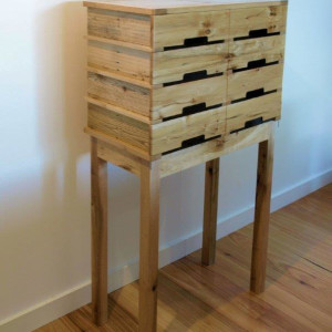 David Hall, Stack of Crates Cabinet, maple, elm, white oak and poplar pallet woods. David&rsquo;s design references the origin of the material.