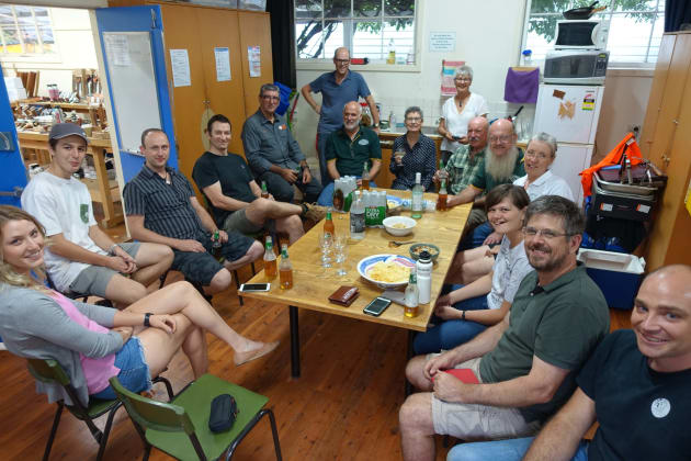 Relaxing with a beer on Saturday after the first day of the annual Tools & Techniques event. Anti-clockwise from from right: Christian Timbs, Japanese Tools Australia; Evan and daughter Aynia Dunstone, Dunstone Design; Catherine Gorrie; Colen Clenton; Jim Davey; Dale Dryen, School For Wood coordinator; Pam, Gifkin Dovetail; Terry Gordon; Mark Viner, Head of Sturt; Col, Gifkin Dovetail; Thirston Morris, Allwood Specialty Timbers; Chris Vesper; Thirston Morris' son, Ilana Nathan.