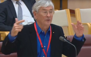 Aviator and change advocate Dick Smith addresses a senate inquiry into the performance of Airservices Australia. (still from official video)