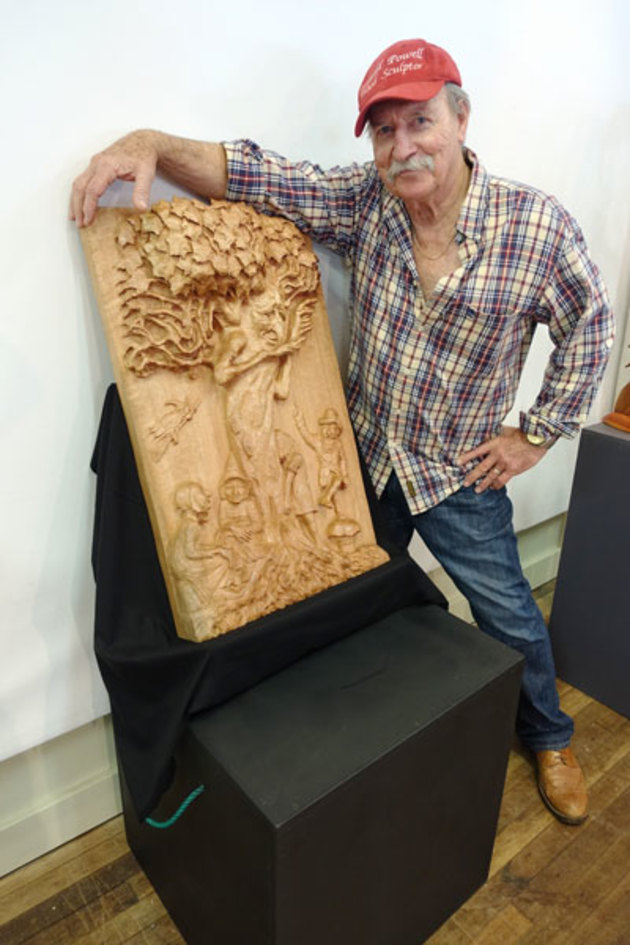 Don Powell, The Wood Spirit, Qld maple. &lsquo;I researched the phrase "against the grain" and considered the various definitions. The ones that interested me were: "contrary to one's good sense", "take with a pinch of salt", "against what is right or normal". This led me to fairy tales &ndash; much loved during one's childhood but in our adulthood, contrary to good sense. Are there really tree spirits, witches, elves, hobbits etc? Perhaps we wish there were... My Wood Spirit is a fantasy piece.&rsquo;