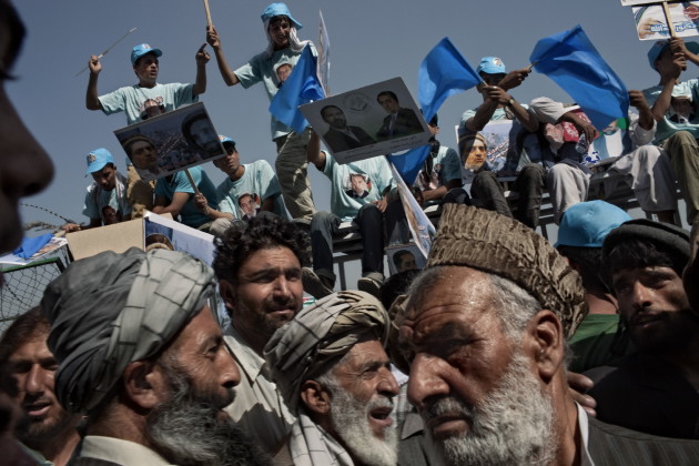 Supporters of Afghan presidential candidate and former foreign minister Dr Abdullah Abdullah gather at a rally at the National Stadium in Kabul, Afghanistan, 2009.