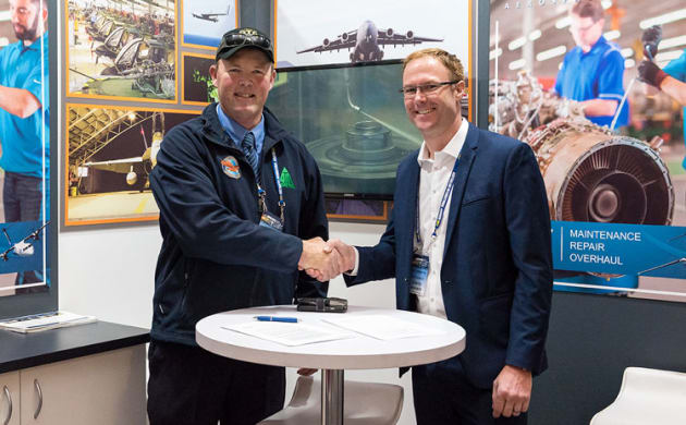 James O&rsquo;Brien (left) of Field Air with Matt Dennington, General  Manager of Vector&rsquo;s Brisbane facility. (Vector Aerospace/D'Arcy Photography)