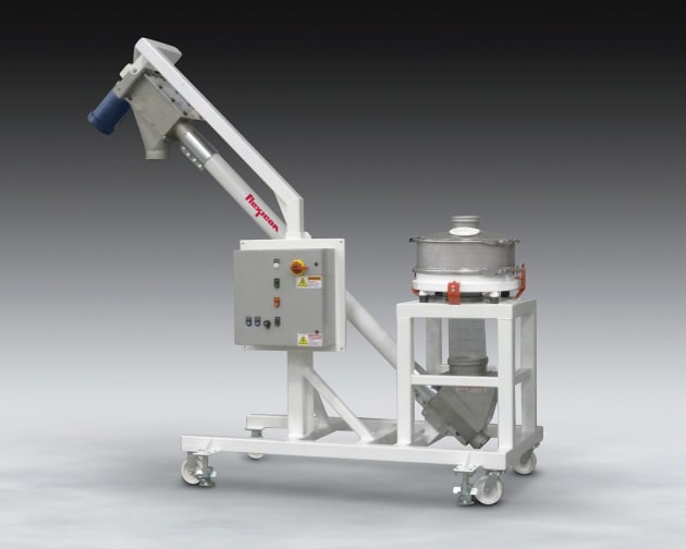 The Bev-Con castor-mounted system is ready to plug in and run, and can be rolled into position, locked in place with jacking footpads, and connected to an upstream material source in several minutes.