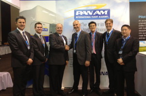 L-R: Allan Brooks FE Brisbane, Julian D&rsquo;Arcy FE Flight Operations and Training Manager, Greg Darrow Pan Am Senior Director of Sales and Marketing, Iain Pero Flight Experience Director of Sales and Marketing, Indra Hardiwan FE Jakarta, Capt Michael Caston FE Singapore, Agaphas Teparagul FE Bangkok.