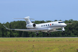 Gulfstream's G500 prototype departs on its maiden flight. (Gulfstream)