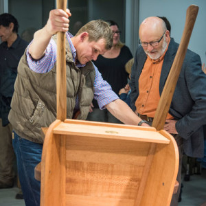 Myles Gostelow showing off his Barrow to Push to Wood Review contributing editor Richard Raffan.