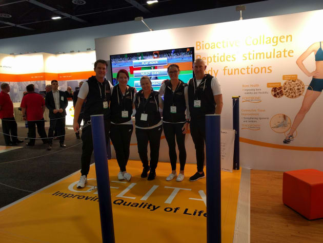 Collagen product manufacturer Gelita had a healthy gym/ video game system set up to help promote its collagen protein products &ndash; natural, pure, and allergen-free clean-label ingredients. 
This year, Gelita was highlighting the launch of its body-toning BodyBalance bioactive collagen peptides in Australia, which help increase lean body mass and decrease body fat.