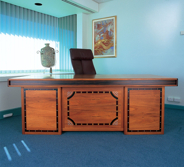 Blackwood desk with inlay of sterling silver, olive wood, tagua nut, cocobolo and ebony, 1992. Photo: Victor France