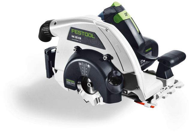 The new HK 85 pendulum cover saw from Festool showing the groove cutter with groove unit.