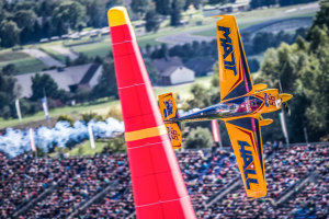 Aussie Matt Hall rounds a pylon on his way to his first race win in the Red Bull Air Race series. (Andreas Schaad/Red Bull Content Pool)