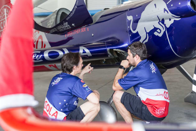 Matt Hall Racing crew inspect the damaged wing of Hall's MSX-R in Las Vegas. (Chris Tedesco/Red Bull Content Pool)