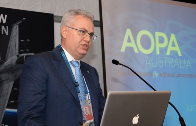 Airservices Australia CEO Jason Harfield addresses the AOPA Australia Pacific Dialogue at Avalon 2017. (Steve Hitchen)